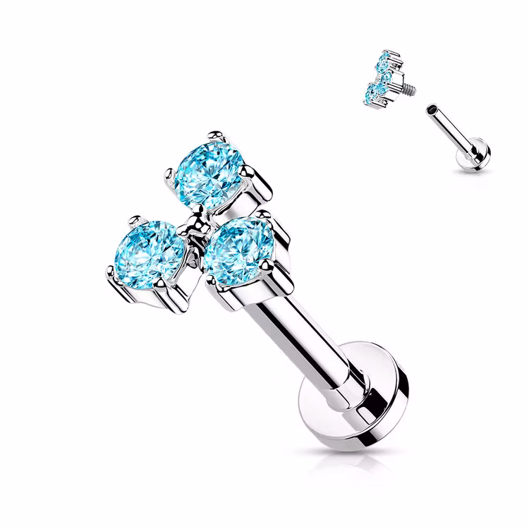 Labret i titanium 1.2mm med 3 cubic zirconia i triangel