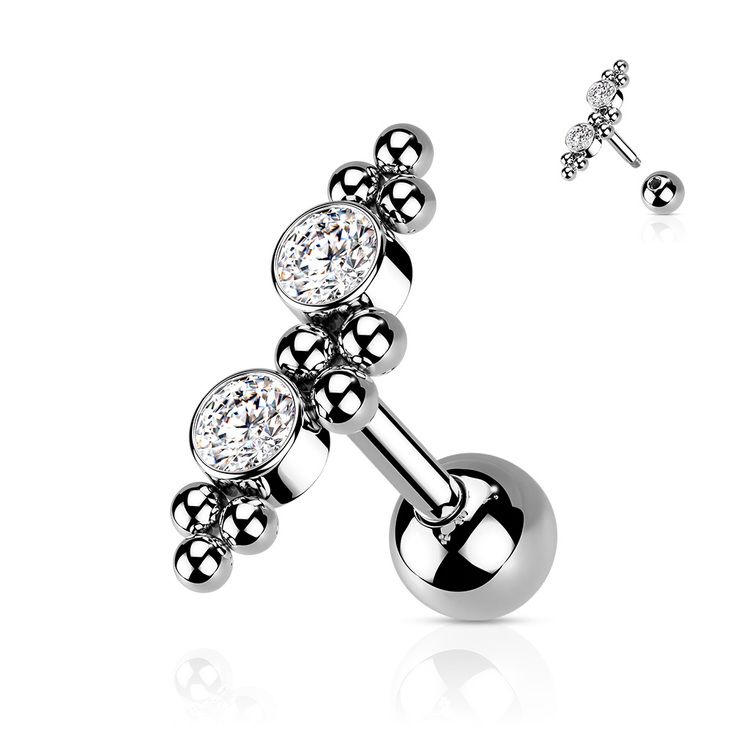 Tragus Barbell 1.2mm med 4mm kula och CZ kluster