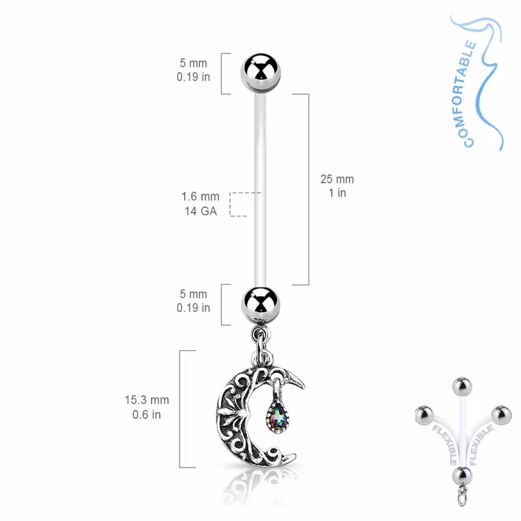 Gravidnavelsmycke - Måne "antik silver" med crystal