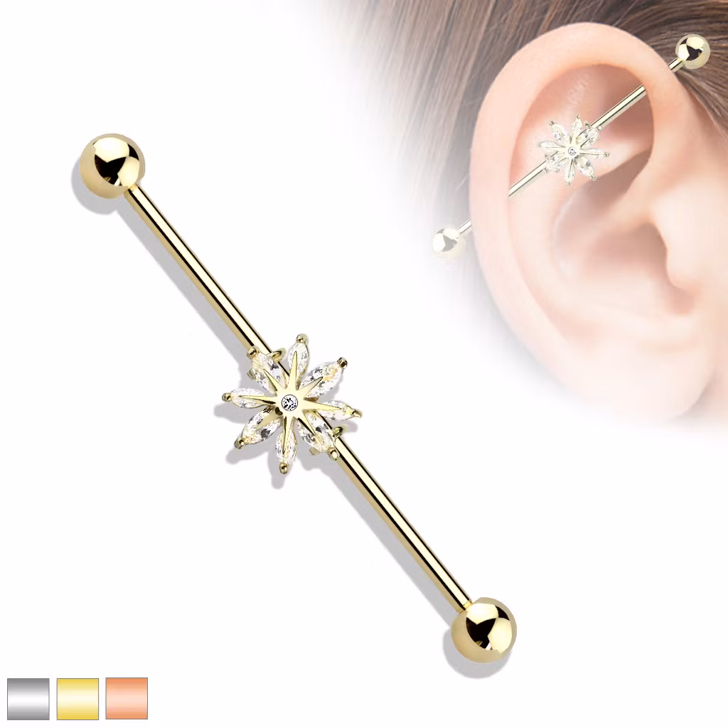 Industrial barbell 1.6mm (38mm) med snöflinga och cubic zirconia