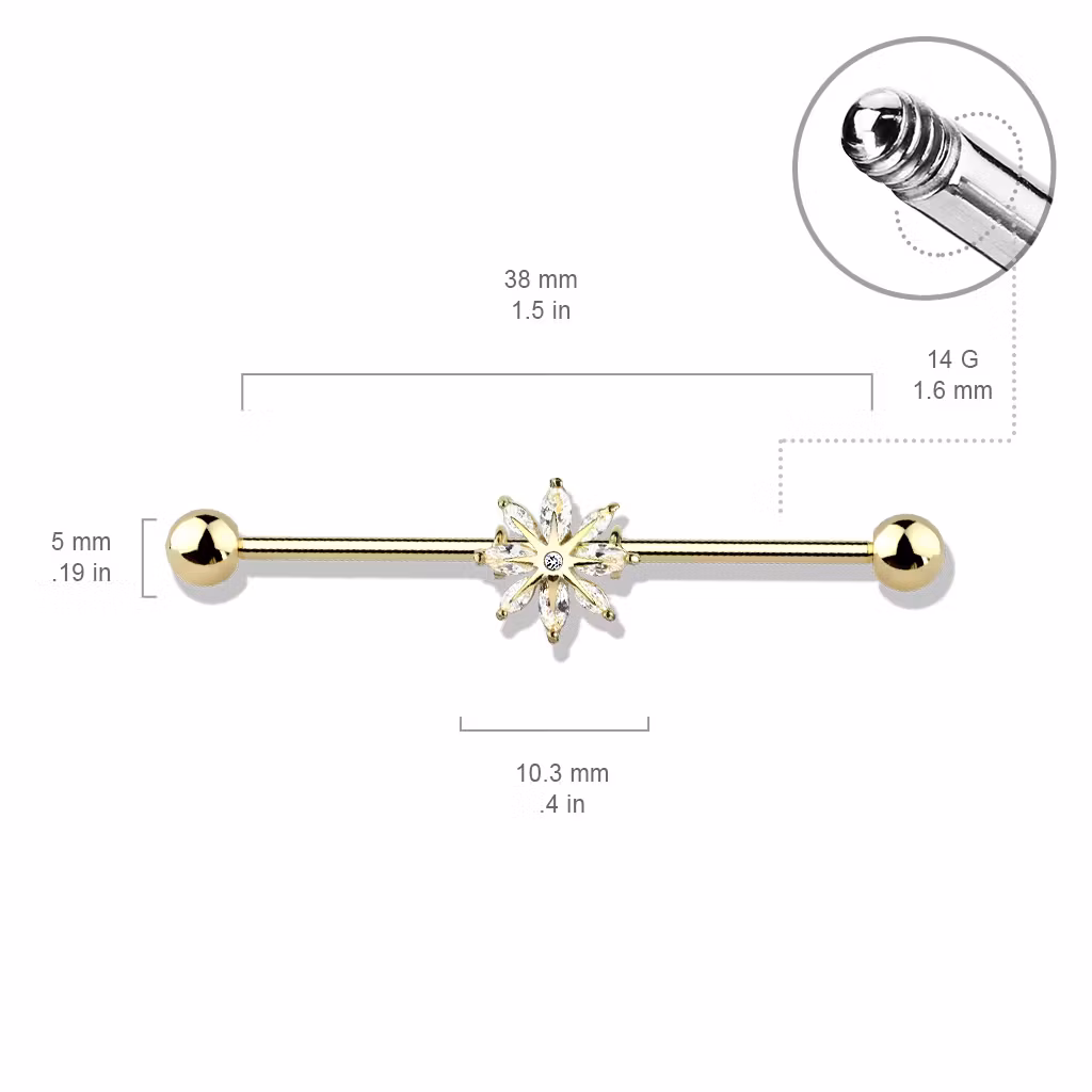 Industrial barbell 1.6mm (38mm) med snöflinga och cubic zirconia