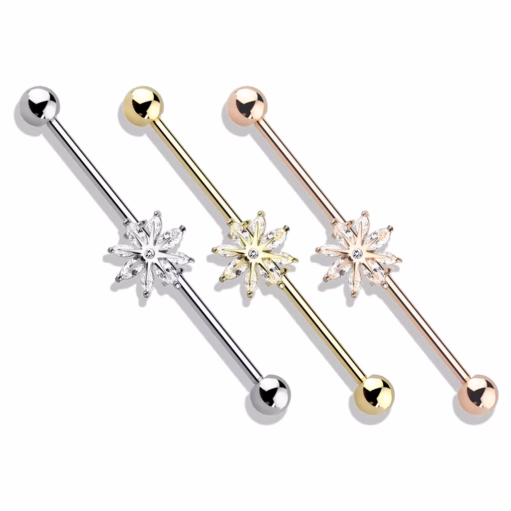 Industrial barbell 1.6mm (38mm) med snöflinga och cubic zirconia