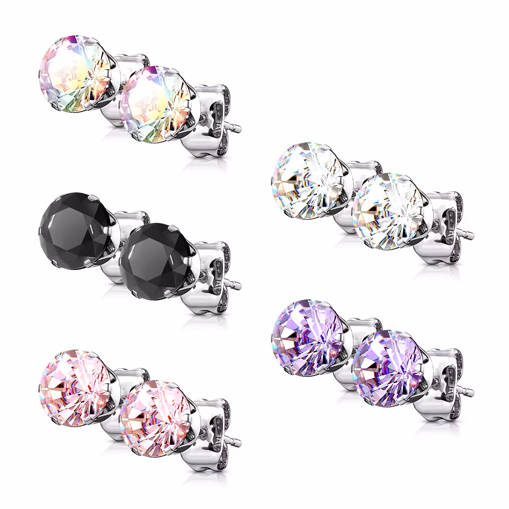 Örhänge kirurgiskt stål med rund cubic zirconia (5 par)