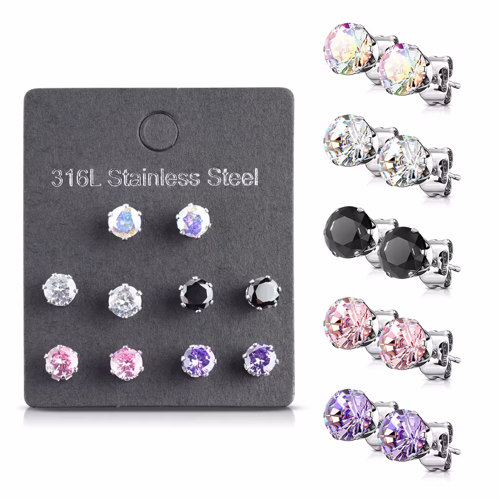 Örhänge kirurgiskt stål med rund cubic zirconia (5 par)