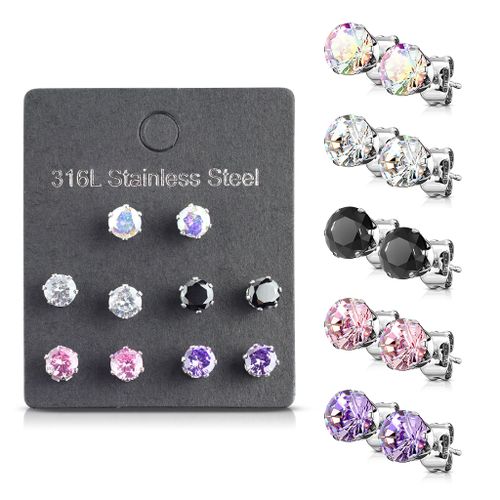 Örhänge kirurgiskt stål med rund cubic zirconia (5 par)