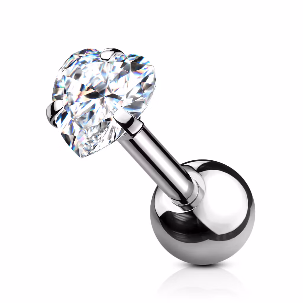 Tragus barbell 1.2mm med hjärtformad crystal
