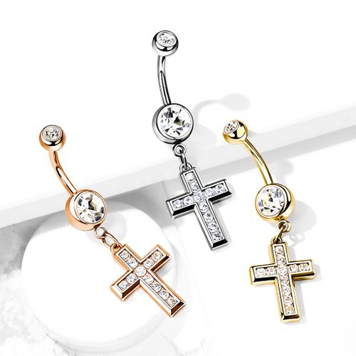 Navelsmycke med hänge - Kors med cubic zirconia