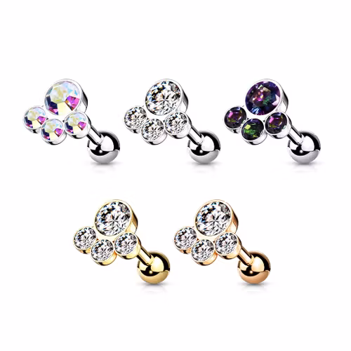 Conch / Tragus barbell 1.2mm med fyra runda crystals