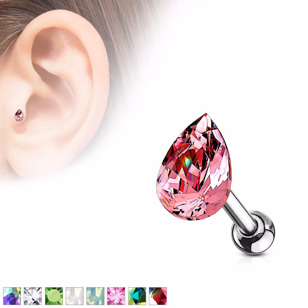Tragus barbell 1.2mm med droppformad crystal