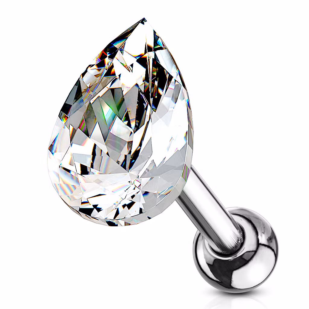 Tragus barbell 1.2mm med droppformad crystal