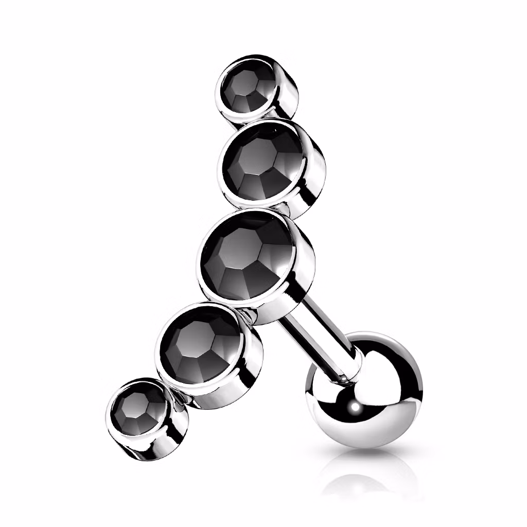 Tragus / helix barbell - Kurvad med 5st runda CZ (alla delar kirurgiskt stål)