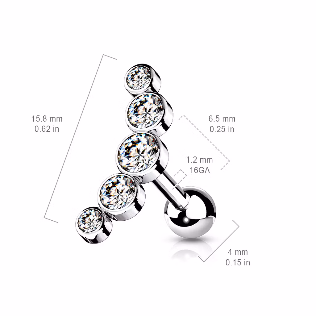 Tragus / helix barbell - Kurvad med 5st runda CZ (alla delar kirurgiskt stål)