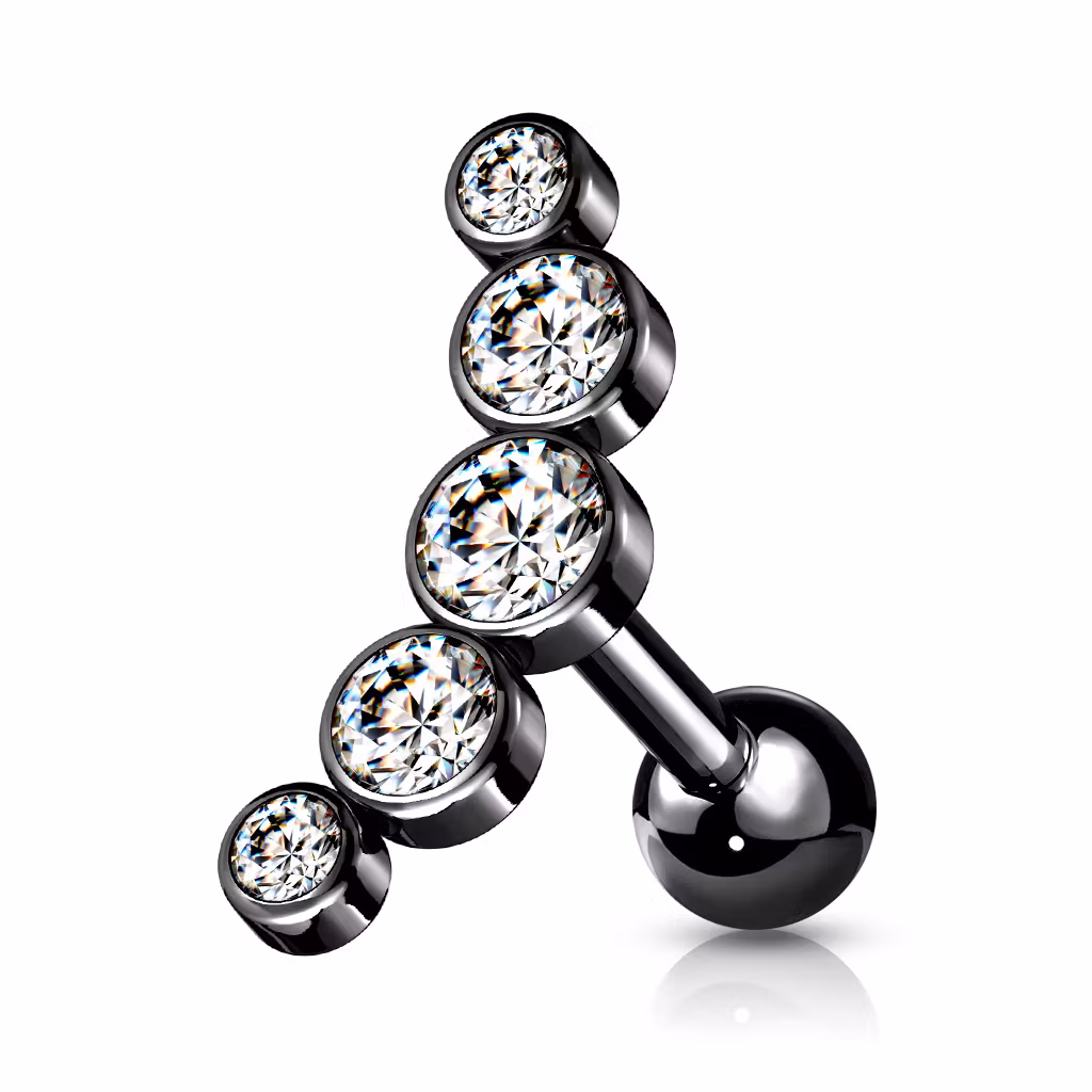 Tragus / helix barbell - Kurvad med 5st runda CZ (alla delar kirurgiskt stål)
