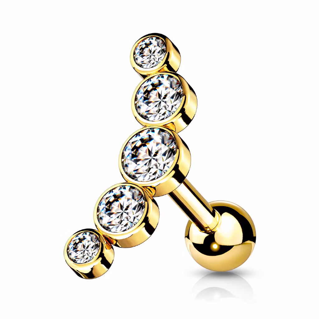 Tragus / helix barbell - Kurvad med 5st runda CZ (alla delar kirurgiskt stål)