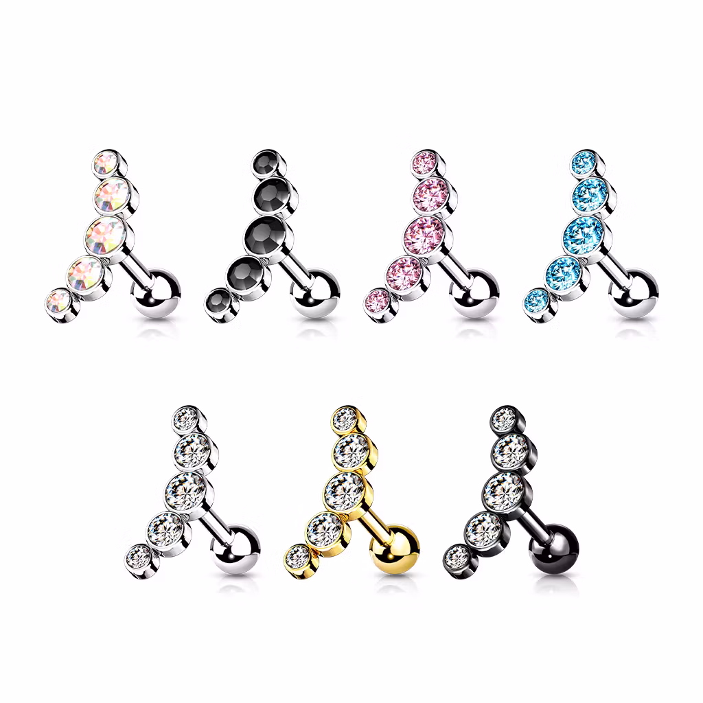Tragus / helix barbell - Kurvad med 5st runda CZ (alla delar kirurgiskt stål)