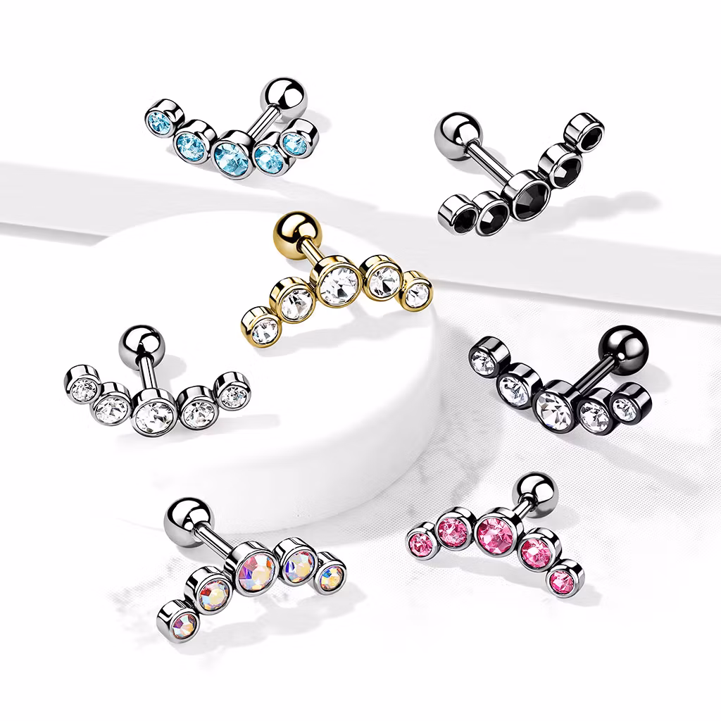 Tragus / helix barbell - Kurvad med 5st runda CZ (alla delar kirurgiskt stål)