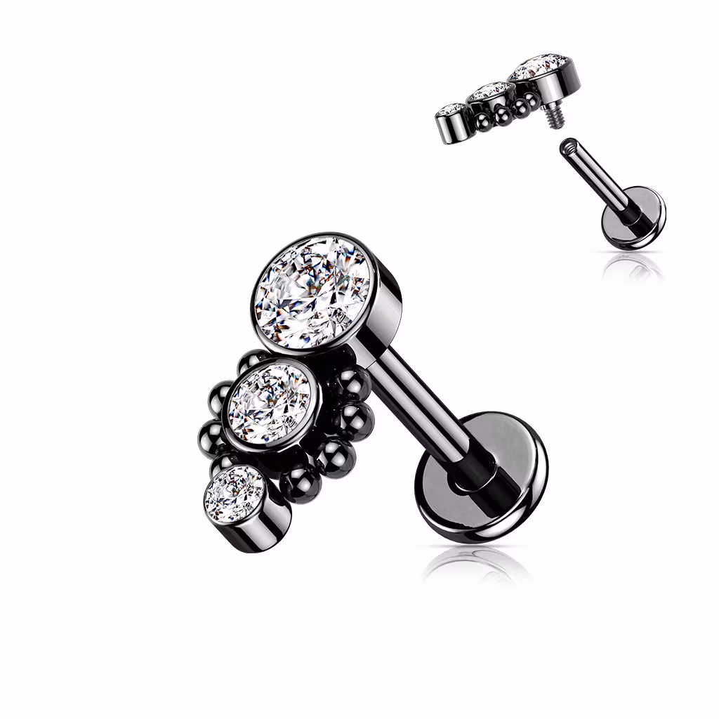 Labret / Monroe 1.2mm med "drop down" 3 CZ kluster
