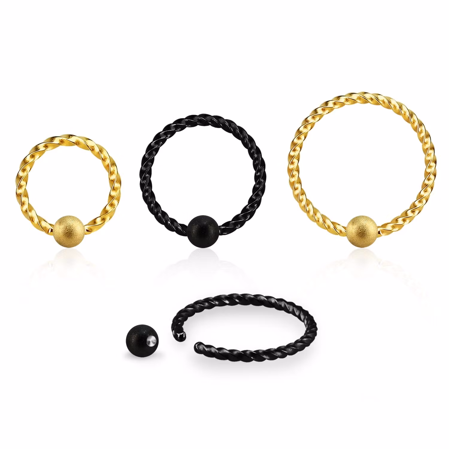 PVD-Pläterad sömlös ring twistad design 1mm med 3mm frostad kula