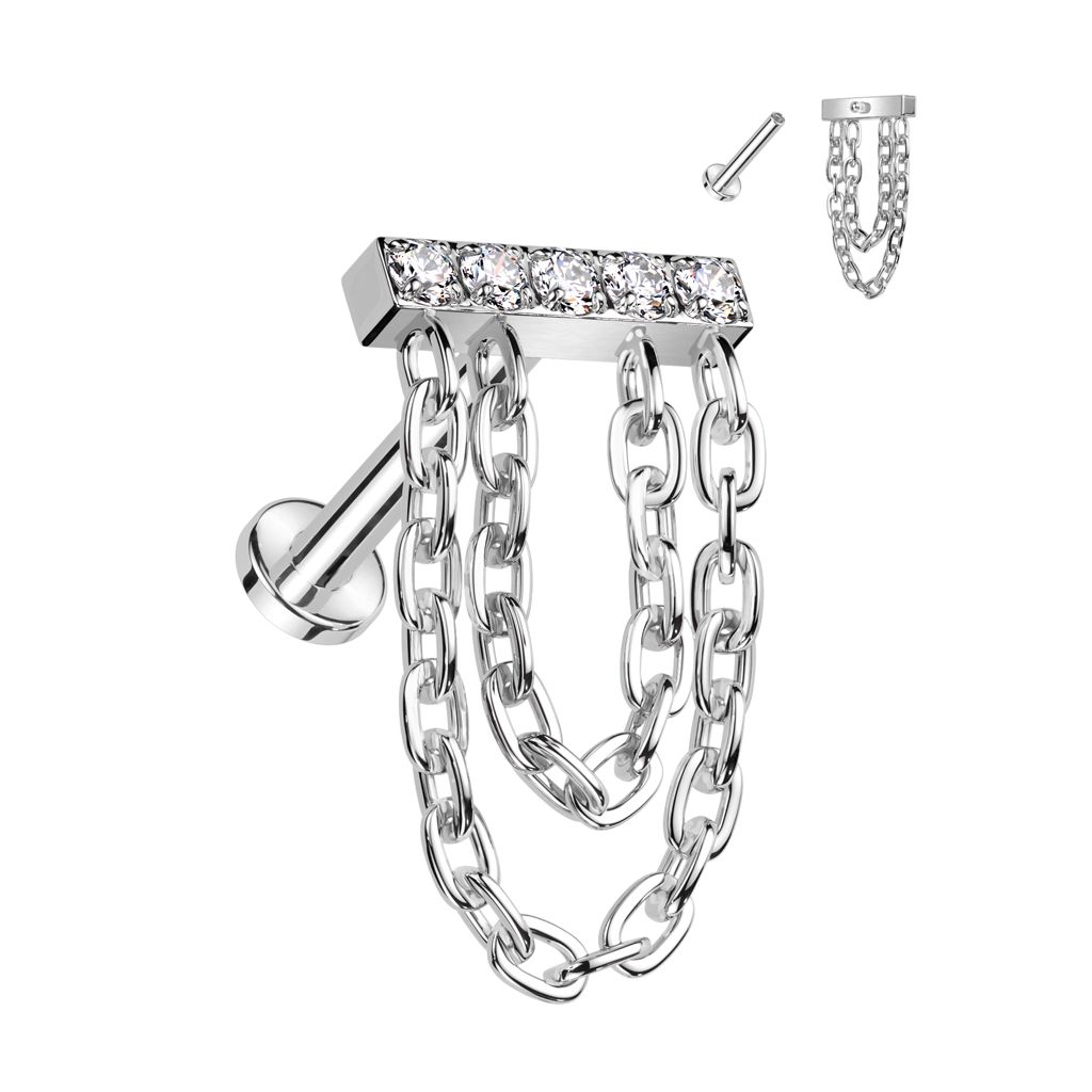 Labret i titanium med invändigt gängad rektangulär crystaltopp och dubbla kedjor