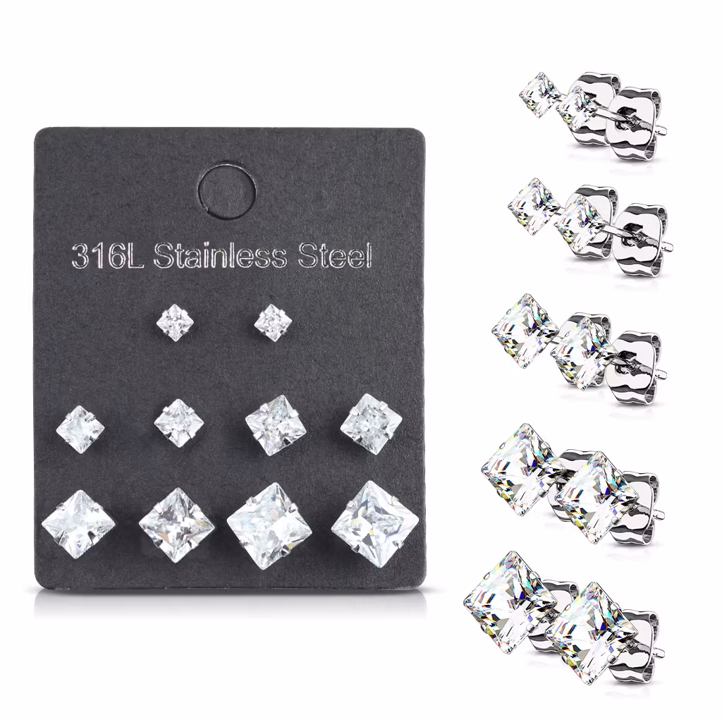 Örhänge kirurgiskt stål med fyrkantig cubic zirconia (5 par)