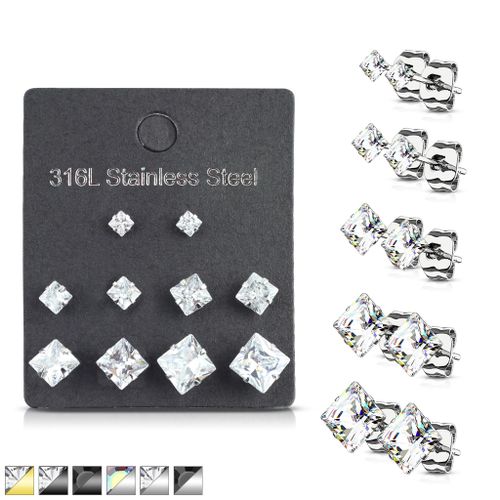 Örhänge kirurgiskt stål med fyrkantig cubic zirconia (5 par)