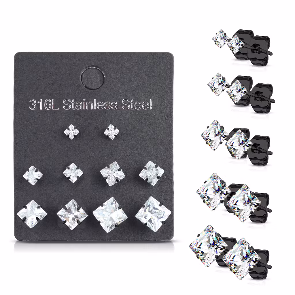 Örhänge kirurgiskt stål med fyrkantig cubic zirconia (5 par)