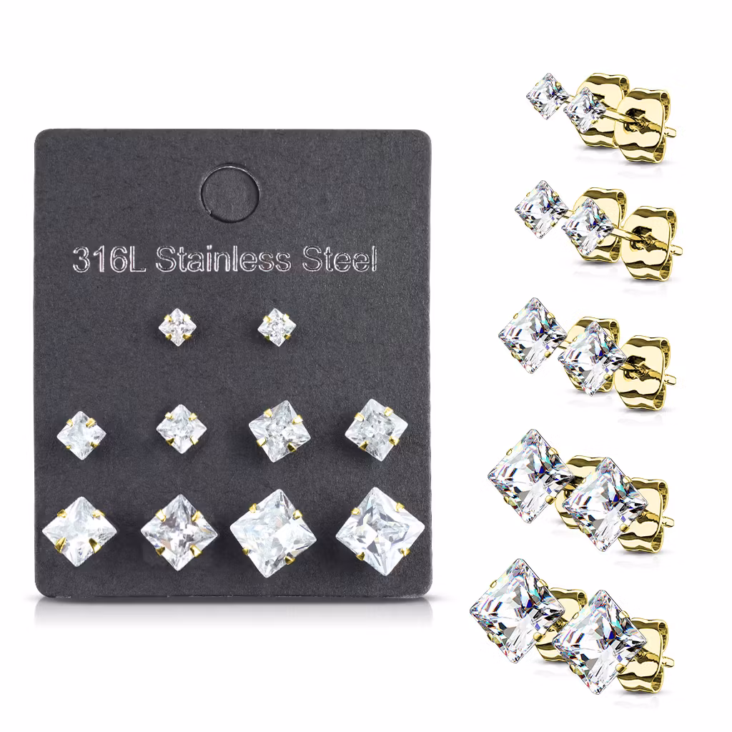 Örhänge kirurgiskt stål med fyrkantig cubic zirconia (5 par)