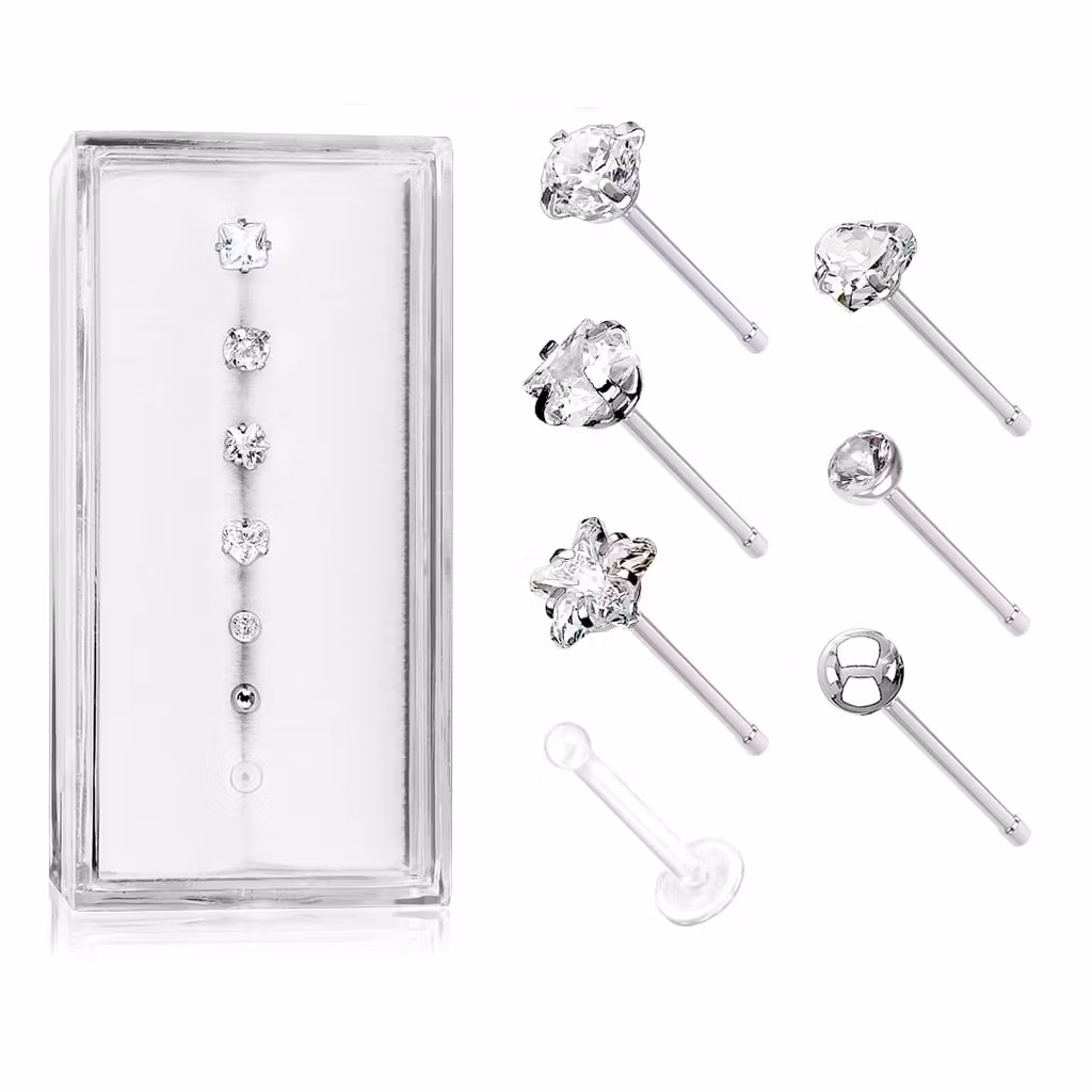 Mixpack 7st nässmycken (crystal, boll + retainer)