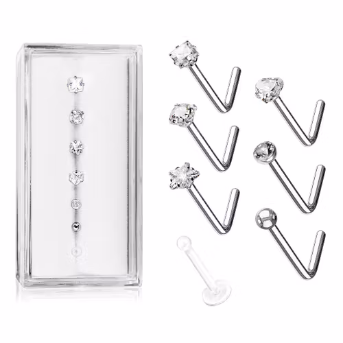 Mixpack L-böjd nässmycke 5st med klar crystal 1st med boll + 1st retainer