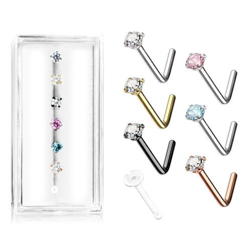 Mixpack 6st L-böjd nässmycke med cubic zirconia + 1st retainer