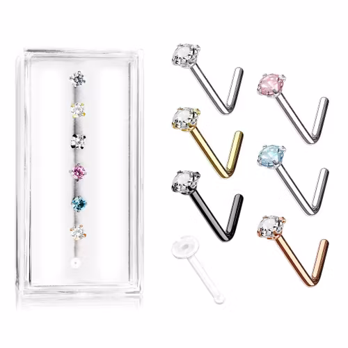 Mixpack 6st L-böjd nässmycke med cubic zirconia + 1st retainer