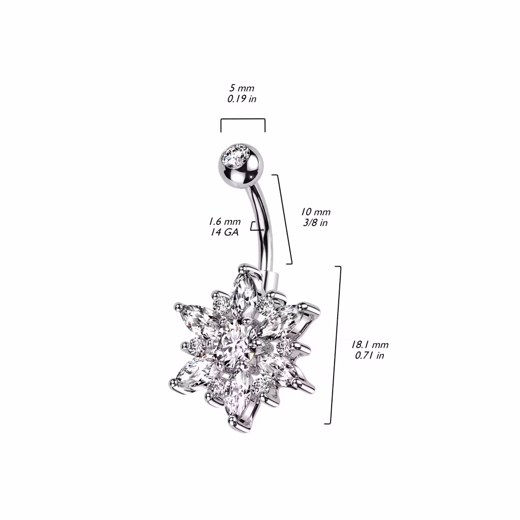 Navelsmycke med stor blomma och marquise CZ