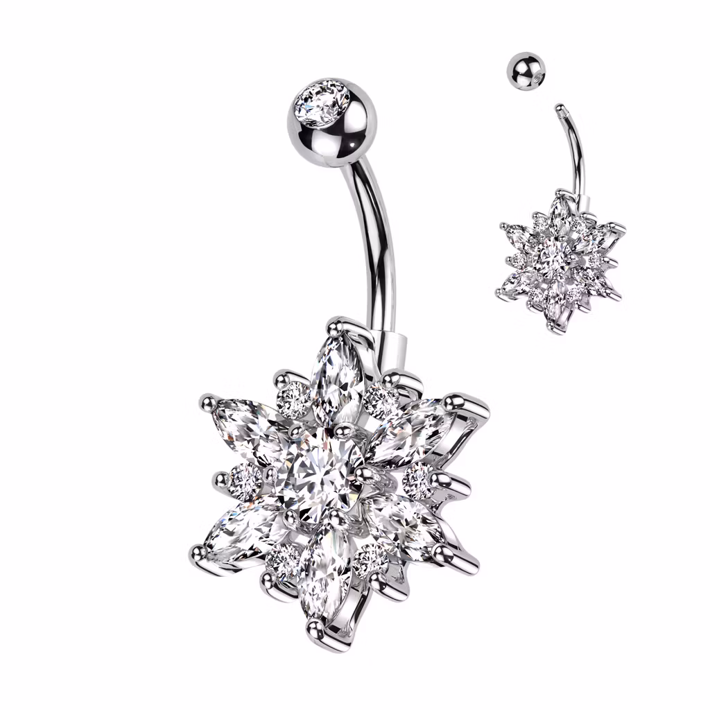 Navelsmycke med stor blomma och marquise CZ