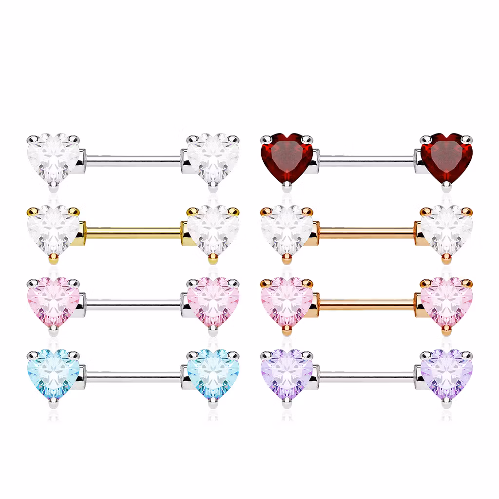 Bröstsmycke / Barbell med hjärtformade cubic zirconia