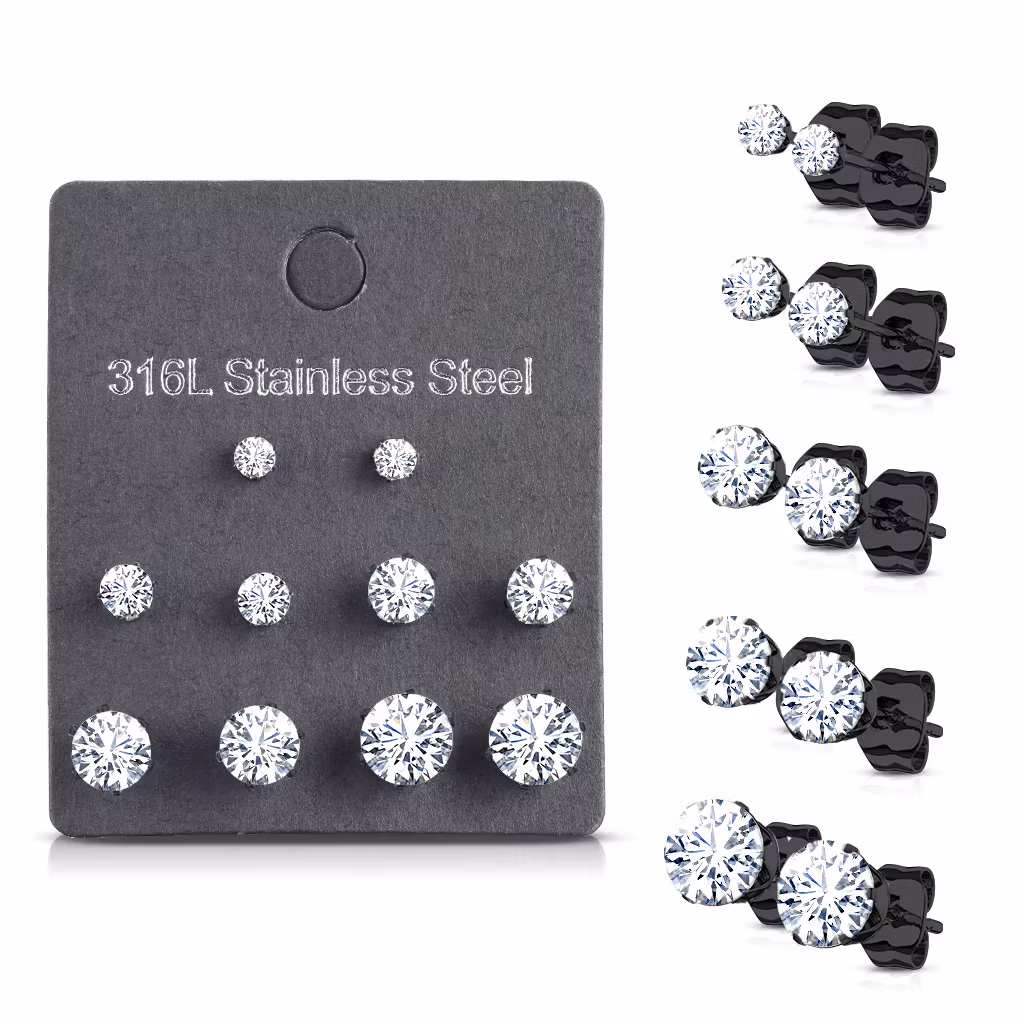 Örhänge kirurgiskt stål med rund cubic zirconia (5 par)