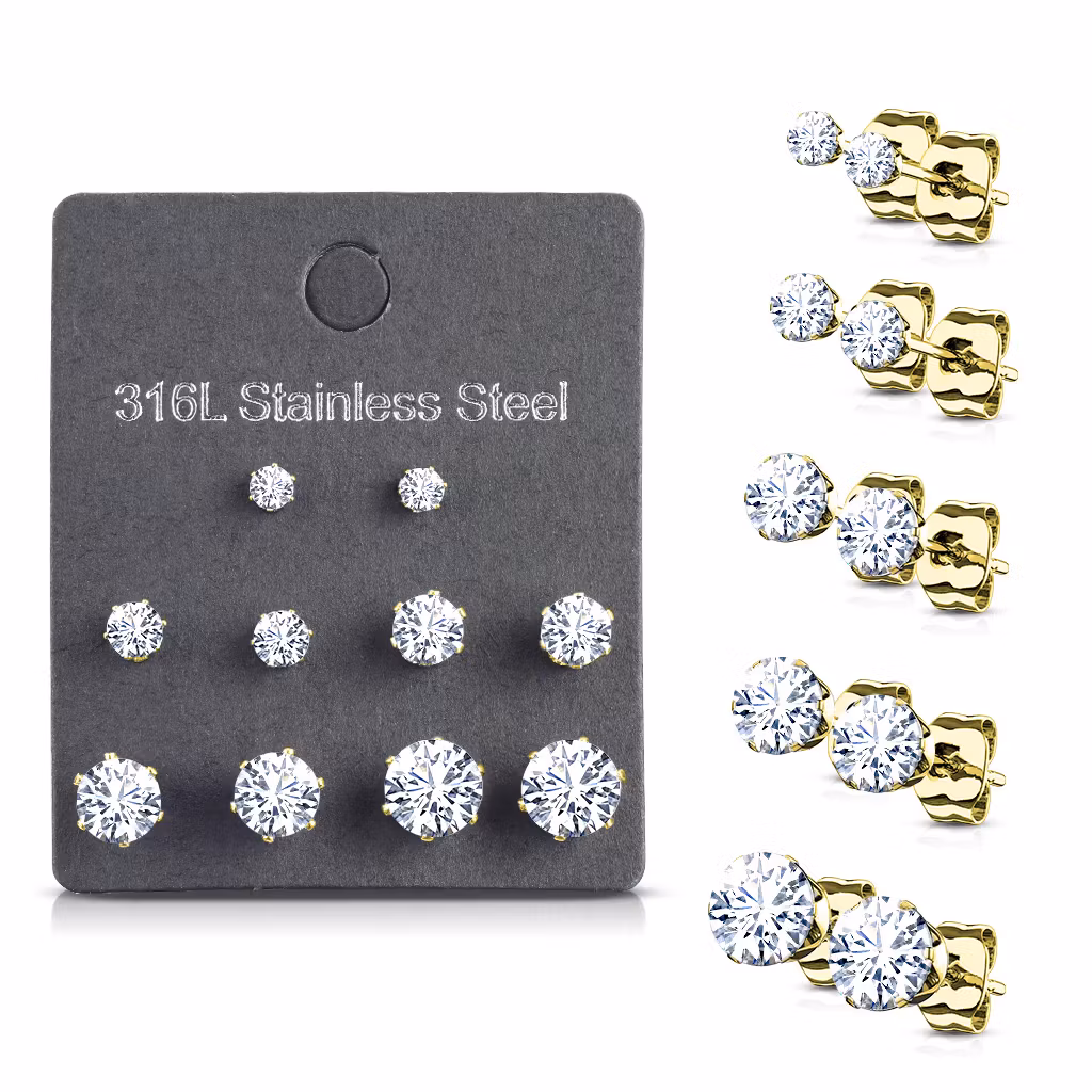Örhänge kirurgiskt stål med rund cubic zirconia (5 par)