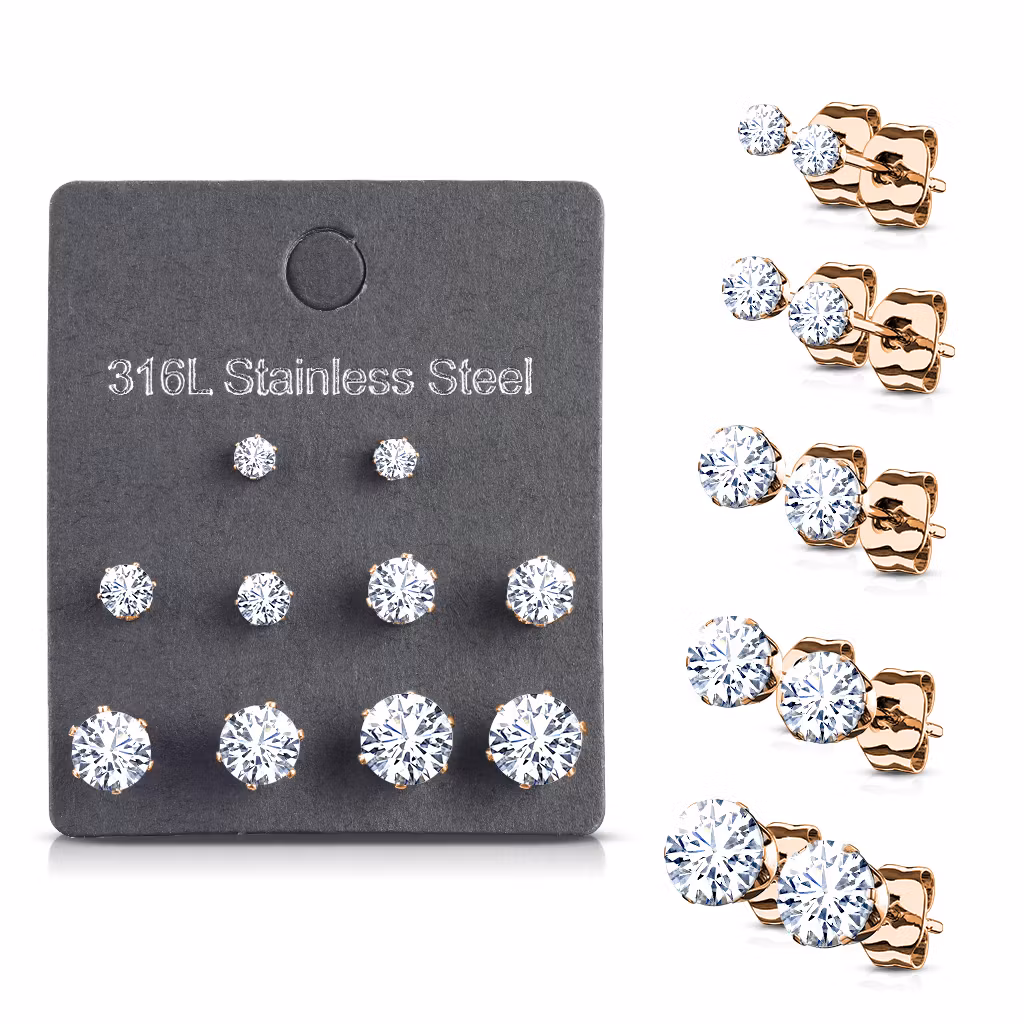 Örhänge kirurgiskt stål med rund cubic zirconia (5 par)