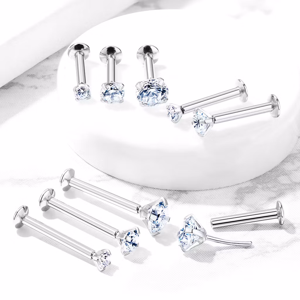 Threadless labret i 316L kirurgiskt stål 0.8mm med push-pin prong-set CZ