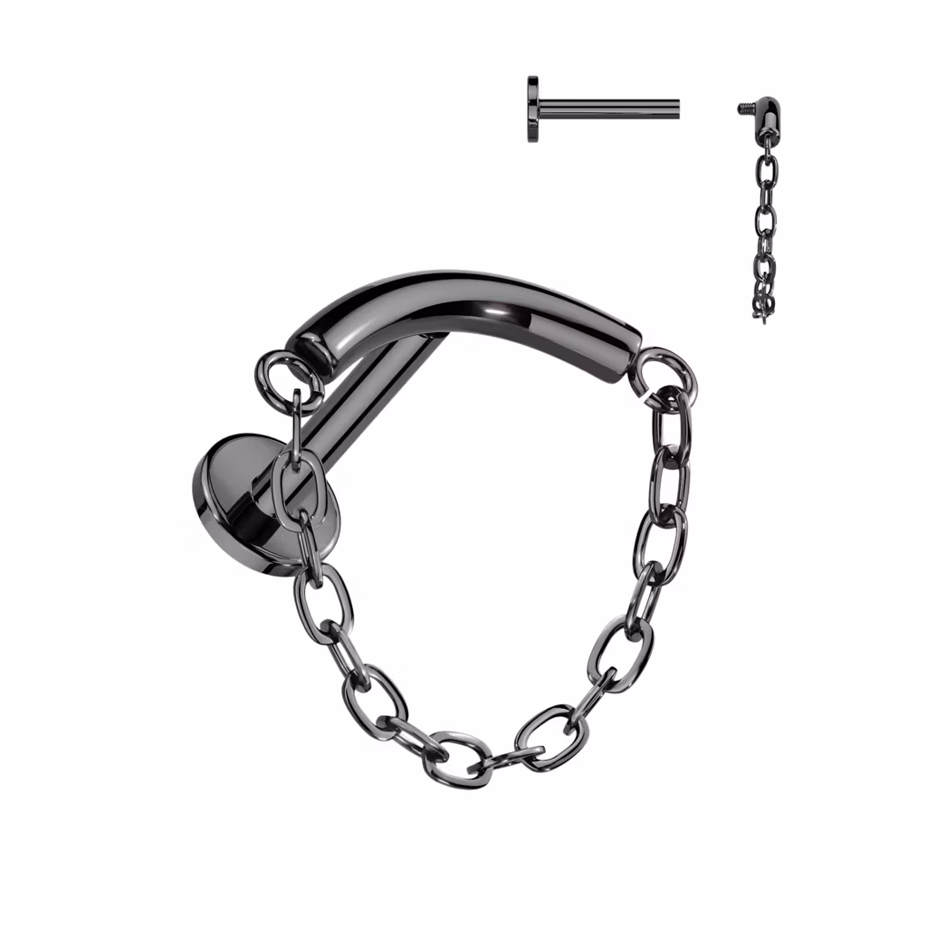 Labret i titanium - invändigt gängad med böjd stav och kedja