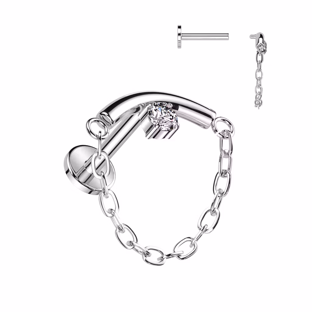 Labret i titanium - invändigt gängad med böjd stav, CZ och kedja