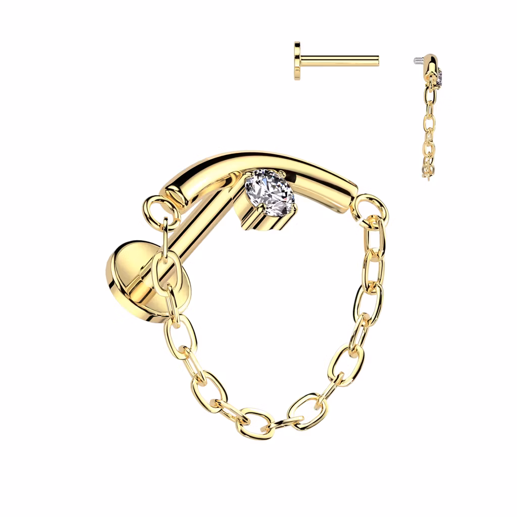 Labret i titanium - invändigt gängad med böjd stav, CZ och kedja