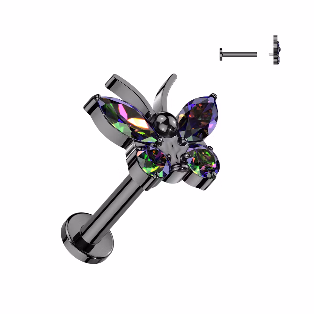 Labret i titanium - invändigt gängad fjäril med CZ