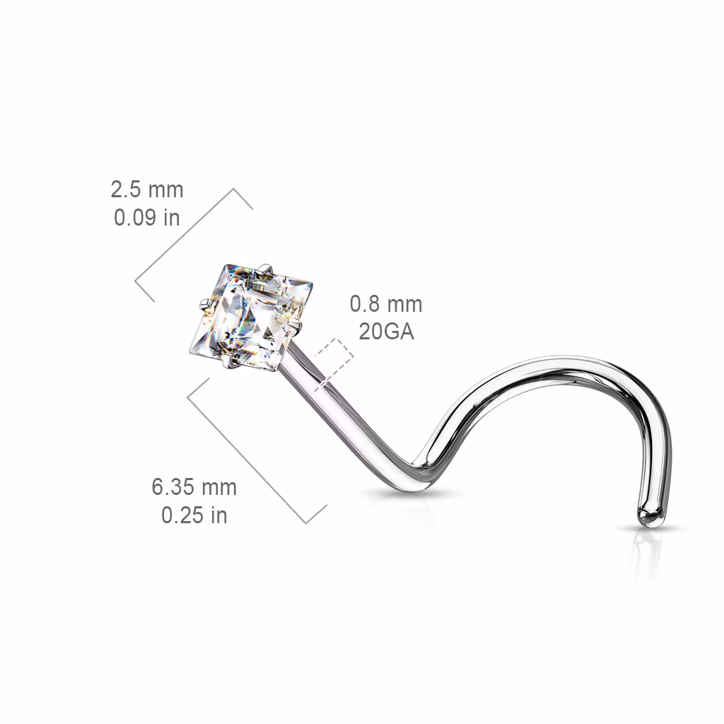 Nässmycke "Nose screw" 1.0mm med prong-set fyrkantig CZ