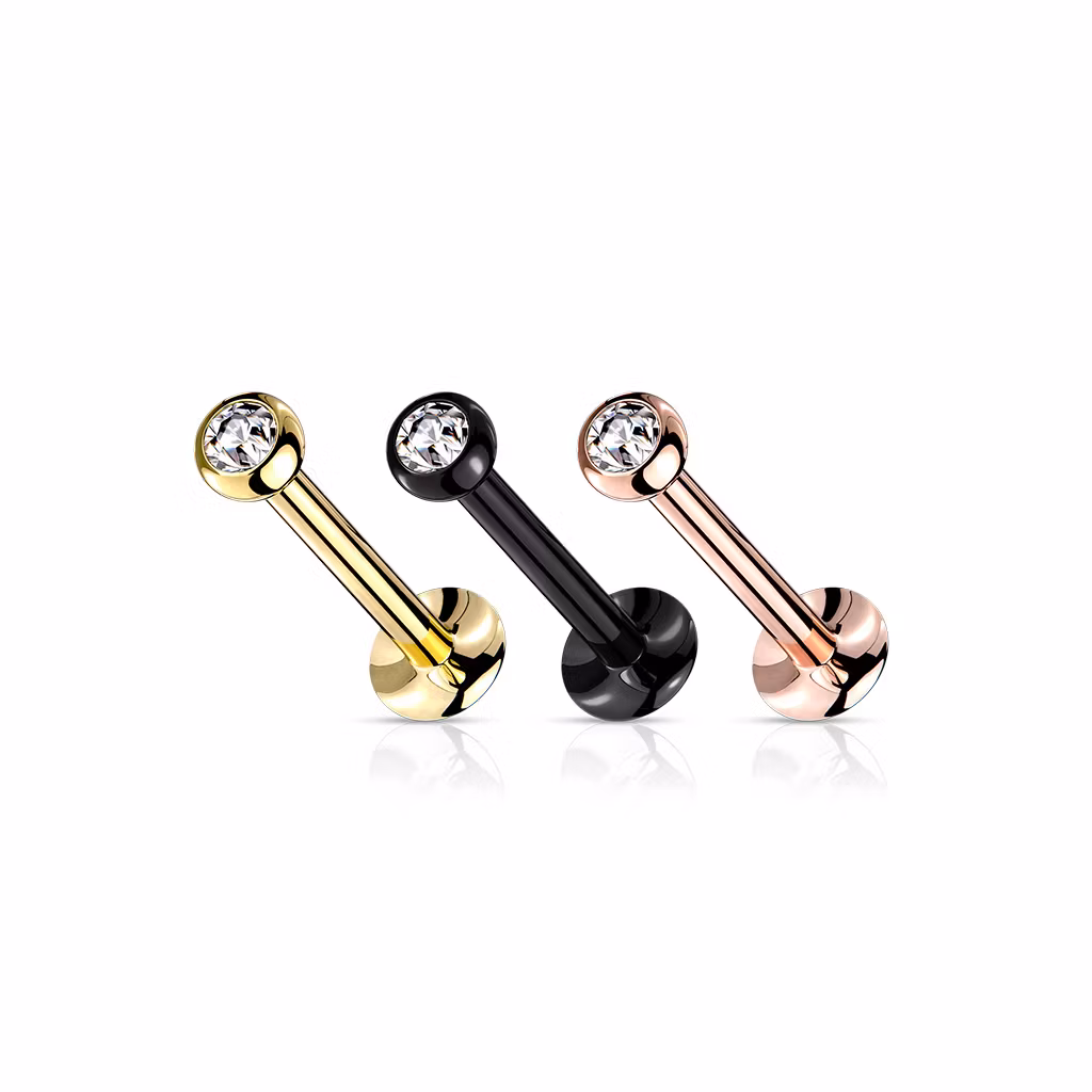 Threadless labret i PVD 316L kirurgiskt stål 1.2mm med 2mm push-pin kula med crystal