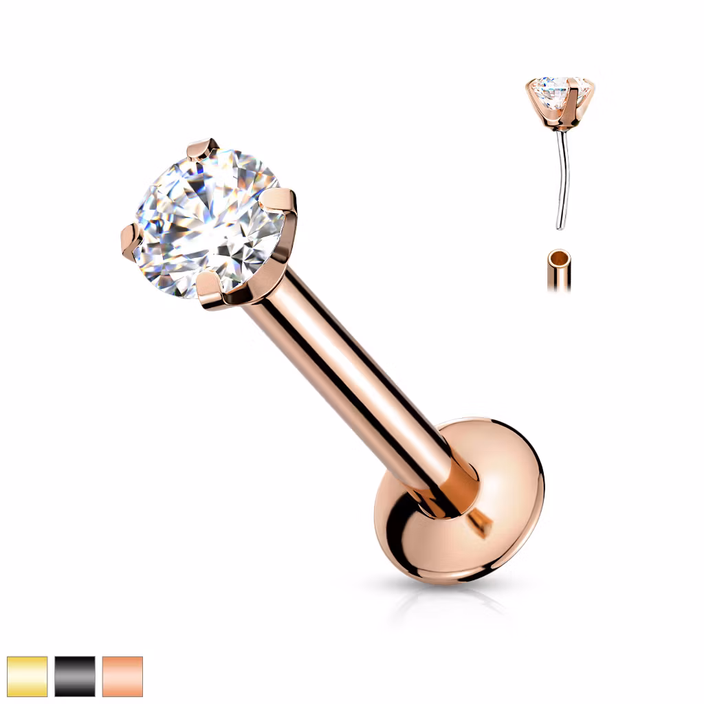 Threadless labret i PVD 316L kirurgiskt stål 0.8mm med 2mm push-pin "prong-set" CZ