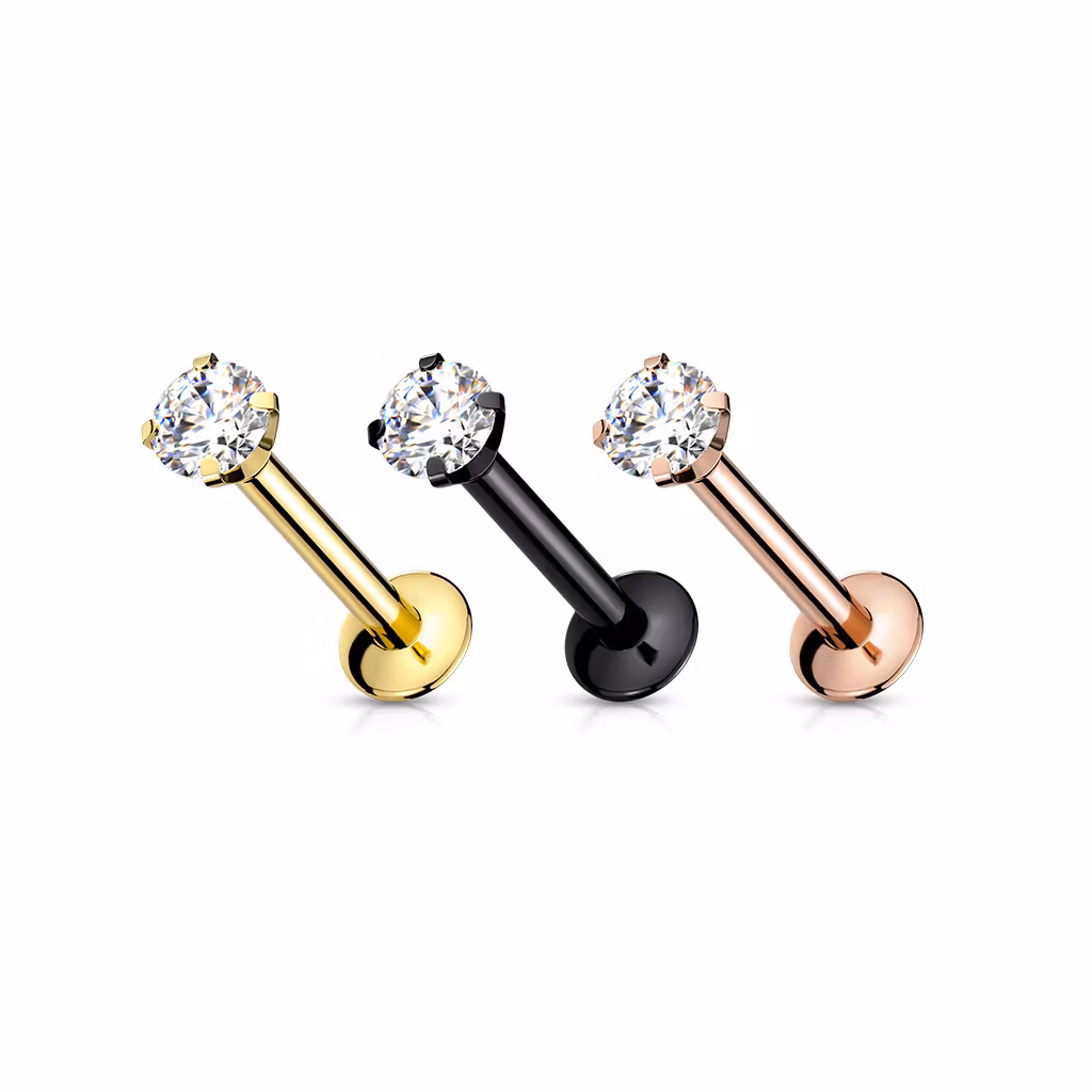Threadless labret i PVD 316L kirurgiskt stål 0.8mm med 2mm push-pin "prong-set" CZ