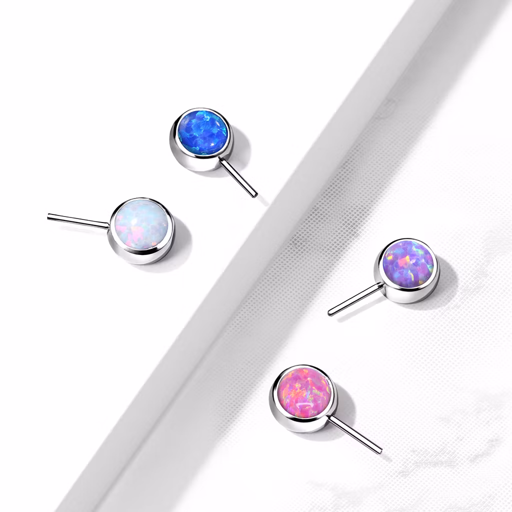 Threadless topp i titanium - Frontad platt kula med opal