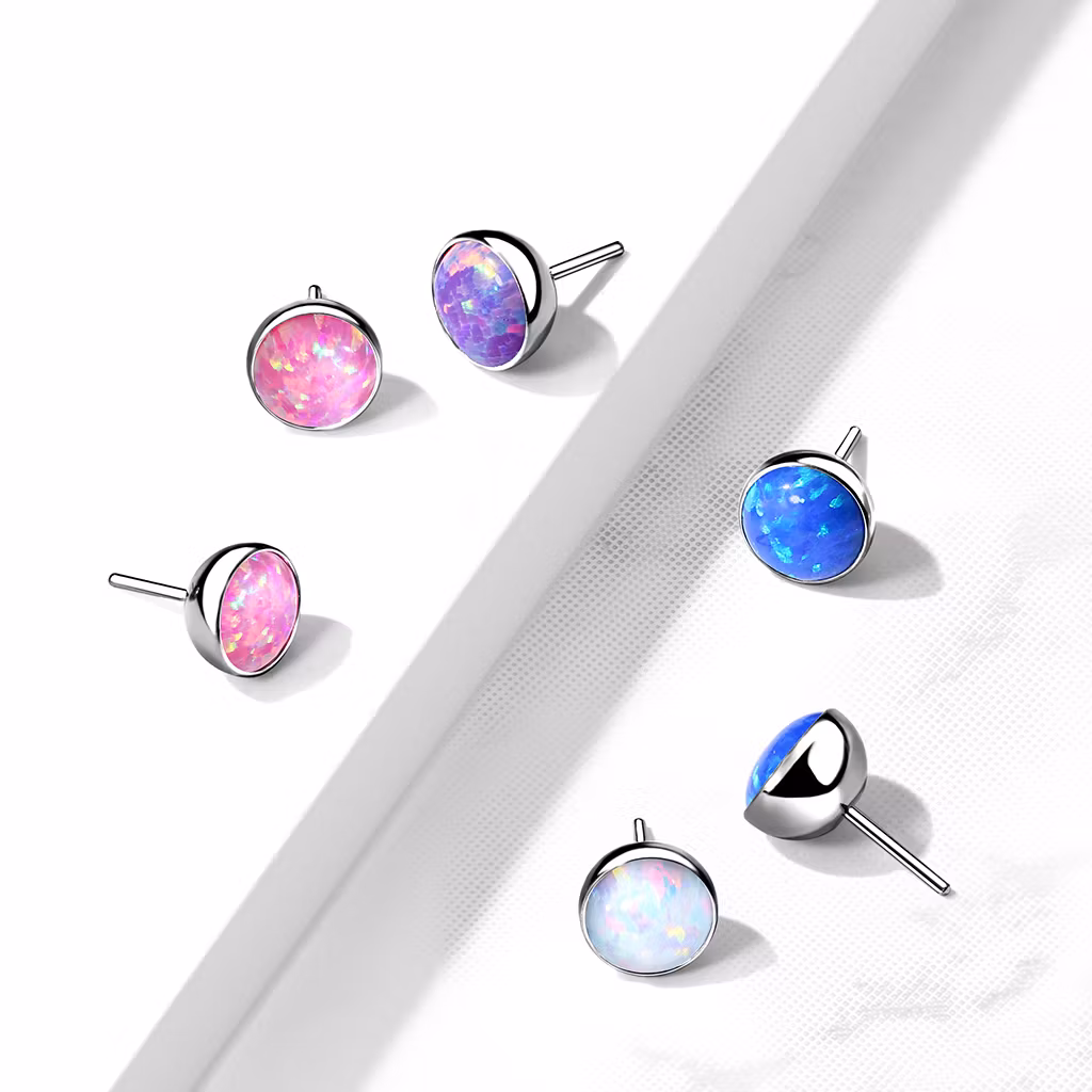 Threadless topp i titanium - Rund kula med opal