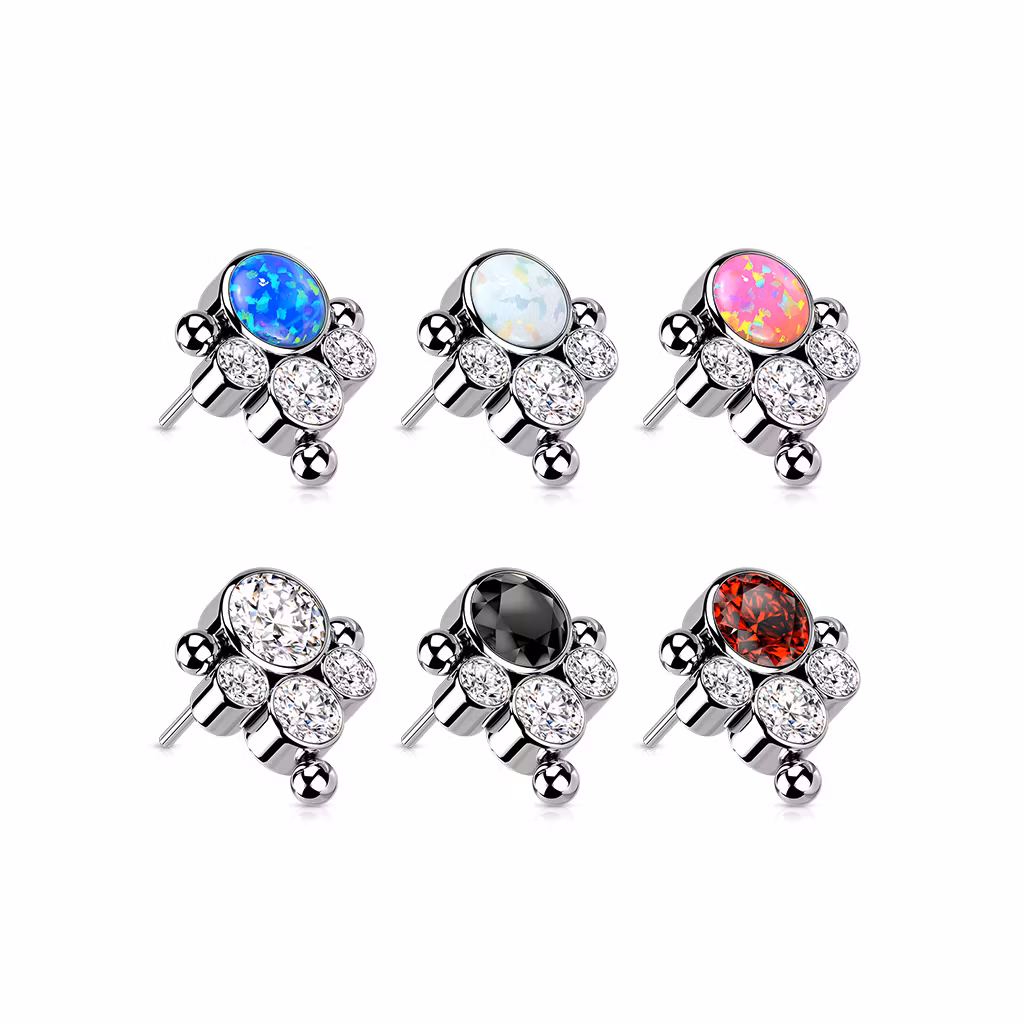 Threadless topp i titanium - Topp med 1st rund opal eller CZ och 3st CZ och kulor