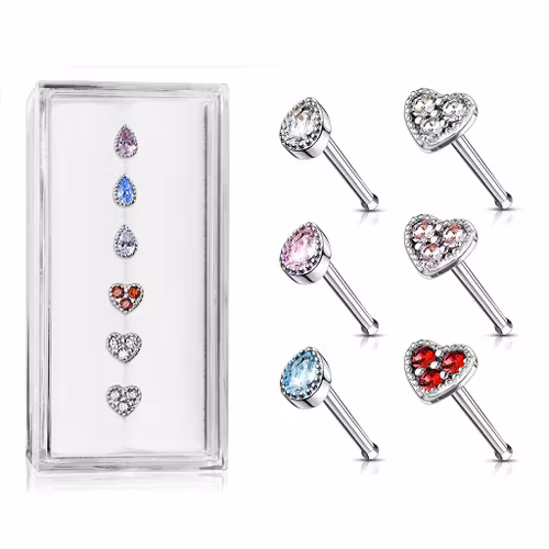 Mixpack 6st nässmycke med dropp- och hjärtformade toppar med cubic zirconia